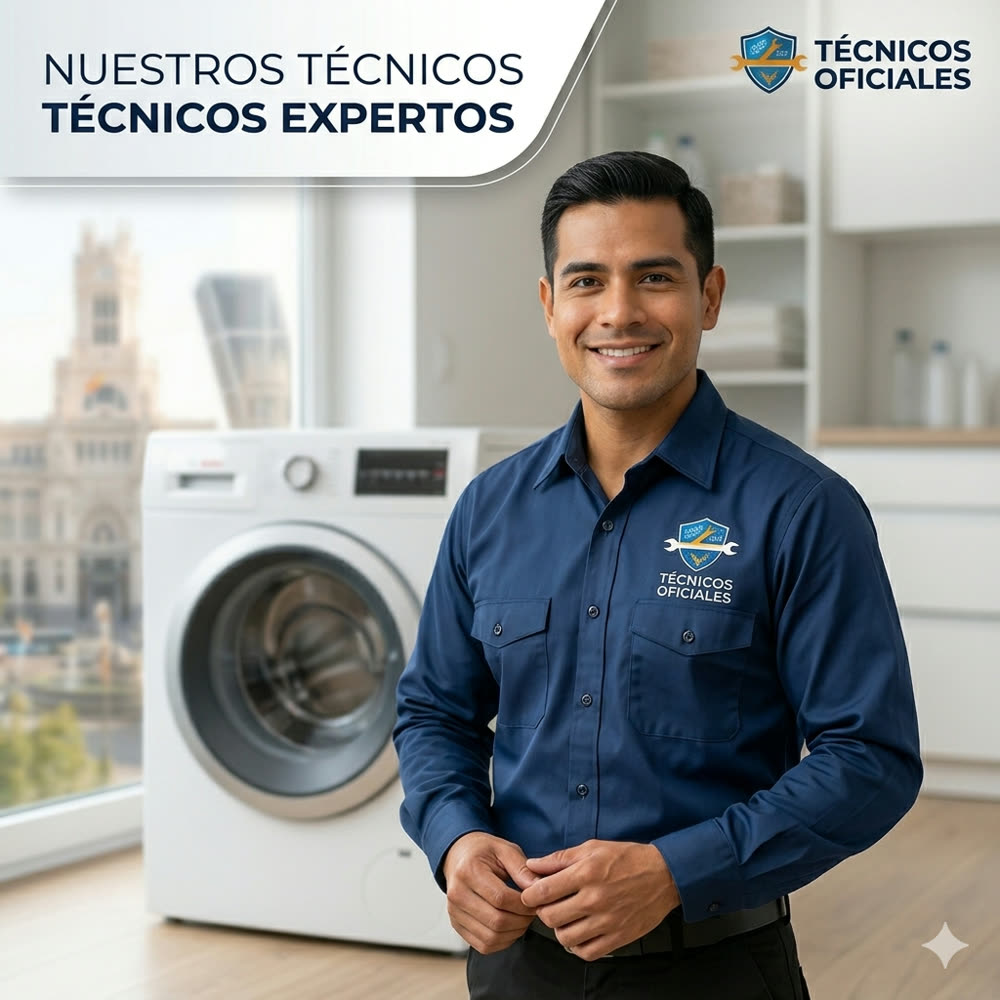 Técnico experto certificado de Técnicos Oficiales con uniforme azul listo para reparación a domicilio